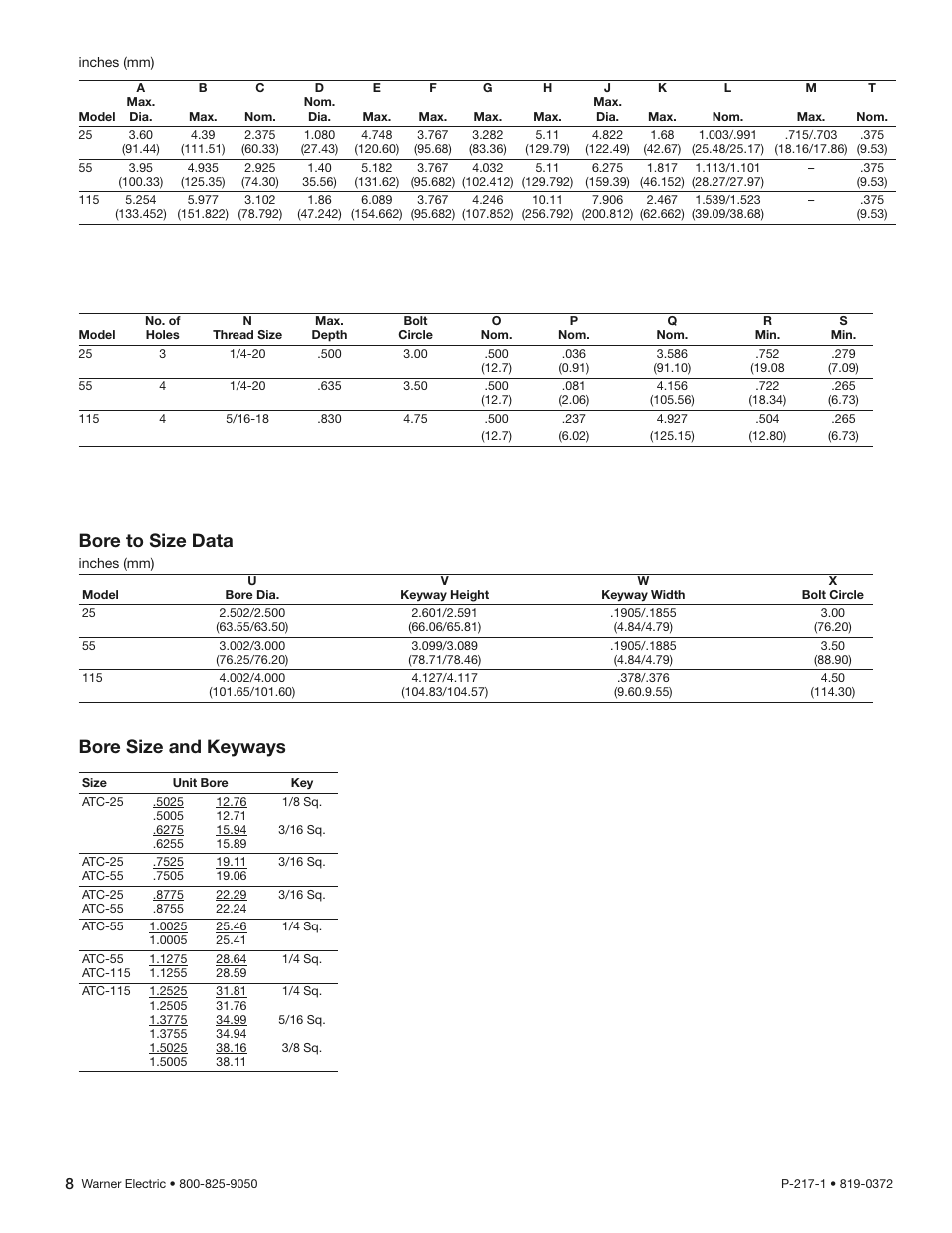 Bore to size data, Bore size and keyways | Warner Electric AT Clutches User Manual | Page 8 / 10