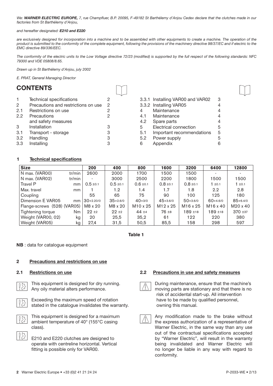 Warner Electric E220 Electromagnetic Single Disc User Manual | Page 2 / 7