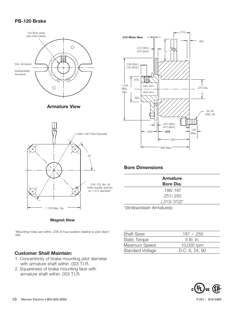 Pb-120 brake, Armature view, Customer shall maintain | Bore dimensions | Warner Electric PB-120, PB-170, PB-250, PB-400 User Manual | Page 10 / 18