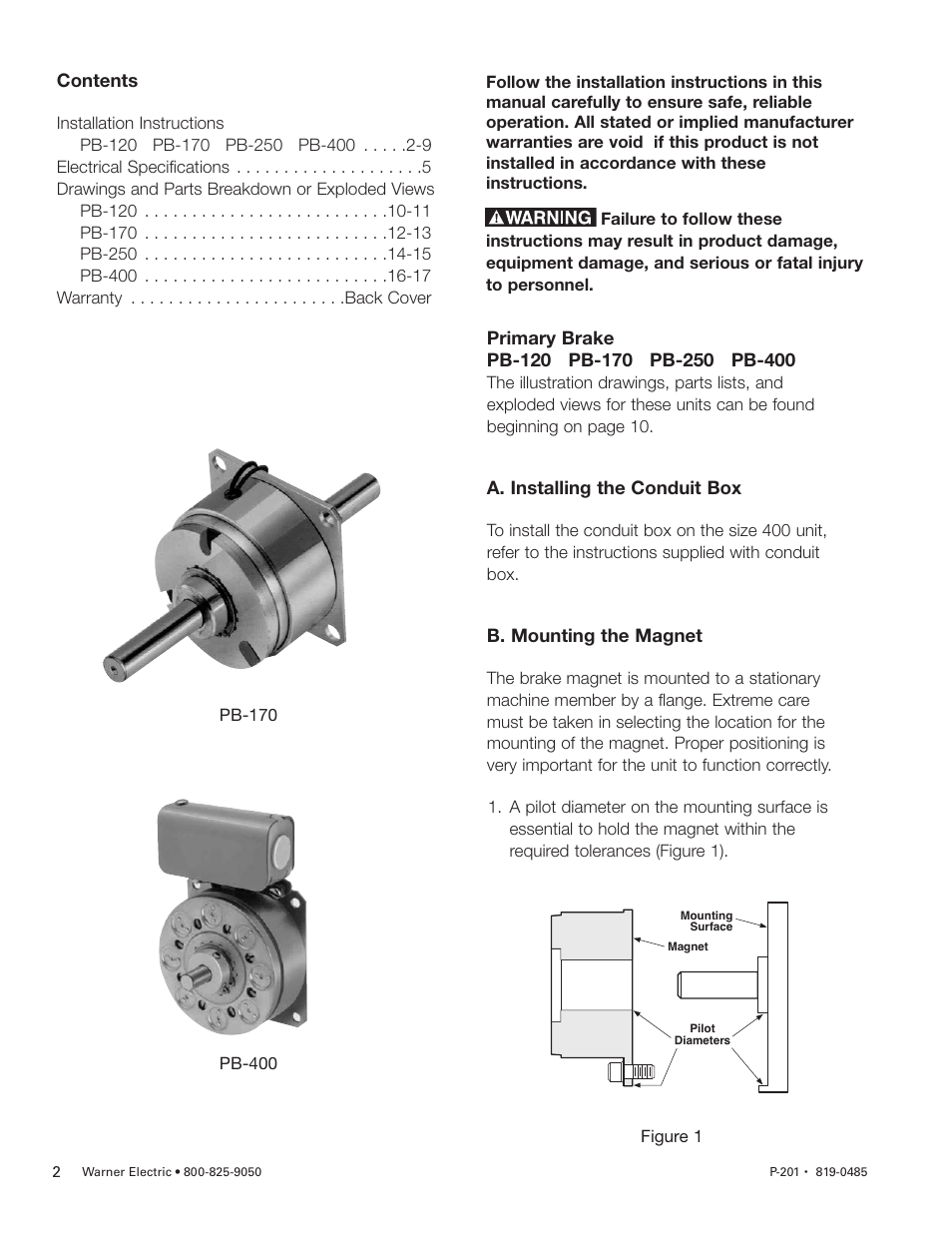 Warner Electric PB-120, PB-170, PB-250, PB-400 User Manual | Page 2 / 18