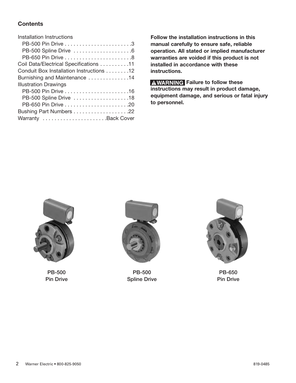 Warner Electric PB-650 Pin Drive User Manual | Page 2 / 24