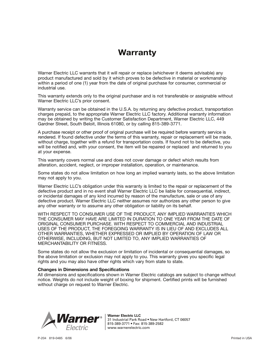 Warranty | Warner Electric PB-650 Pin Drive User Manual | Page 24 / 24