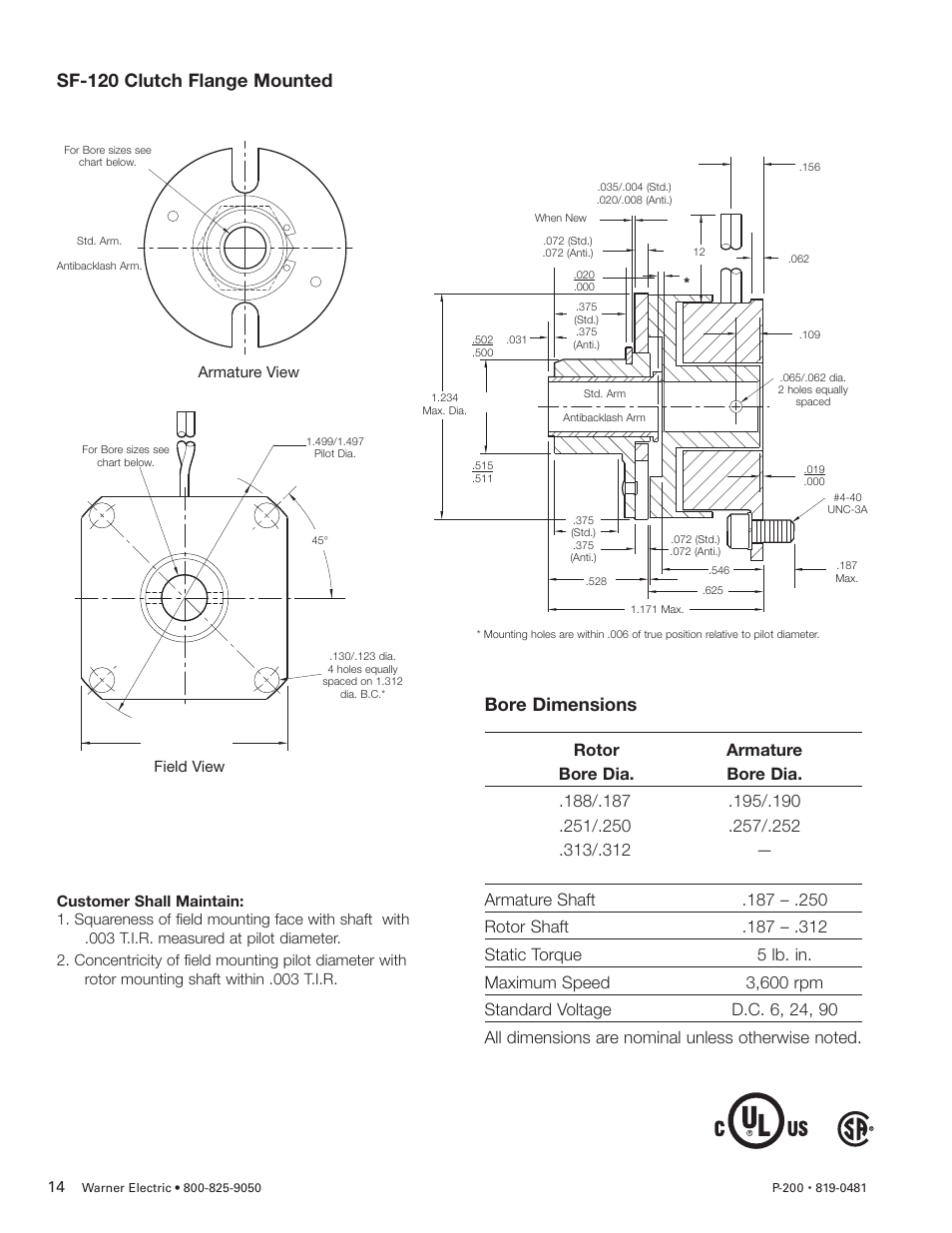 Sf-120 clutch flange mounted, Bore dimensions | Warner Electric SFC-120, SFC-170, SFC-250, SFC-400 Bearing Mounted, Flange Mounted User Manual | Page 14 / 46