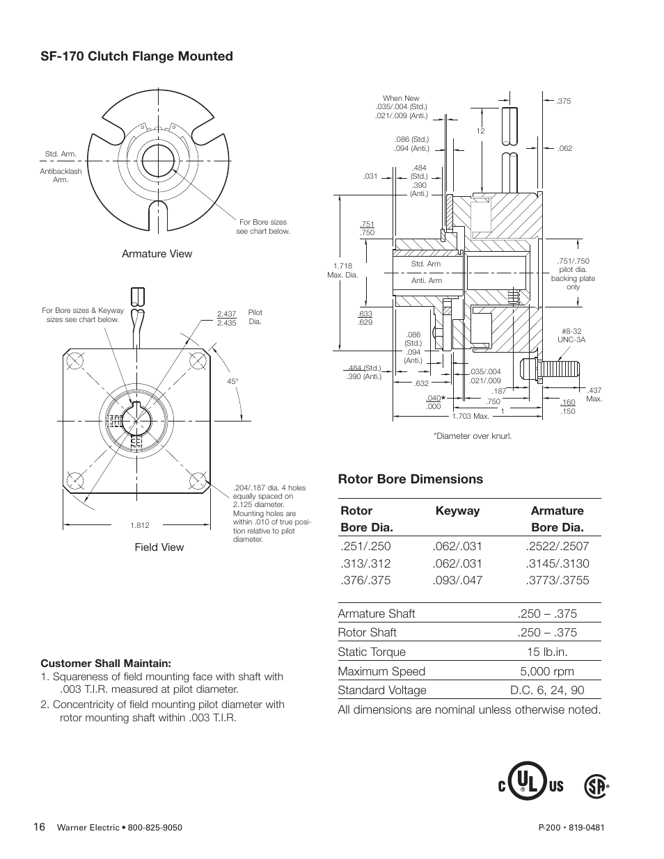 Sf-170 clutch flange mounted, Rotor bore dimensions | Warner Electric SFC-120, SFC-170, SFC-250, SFC-400 Bearing Mounted, Flange Mounted User Manual | Page 16 / 46