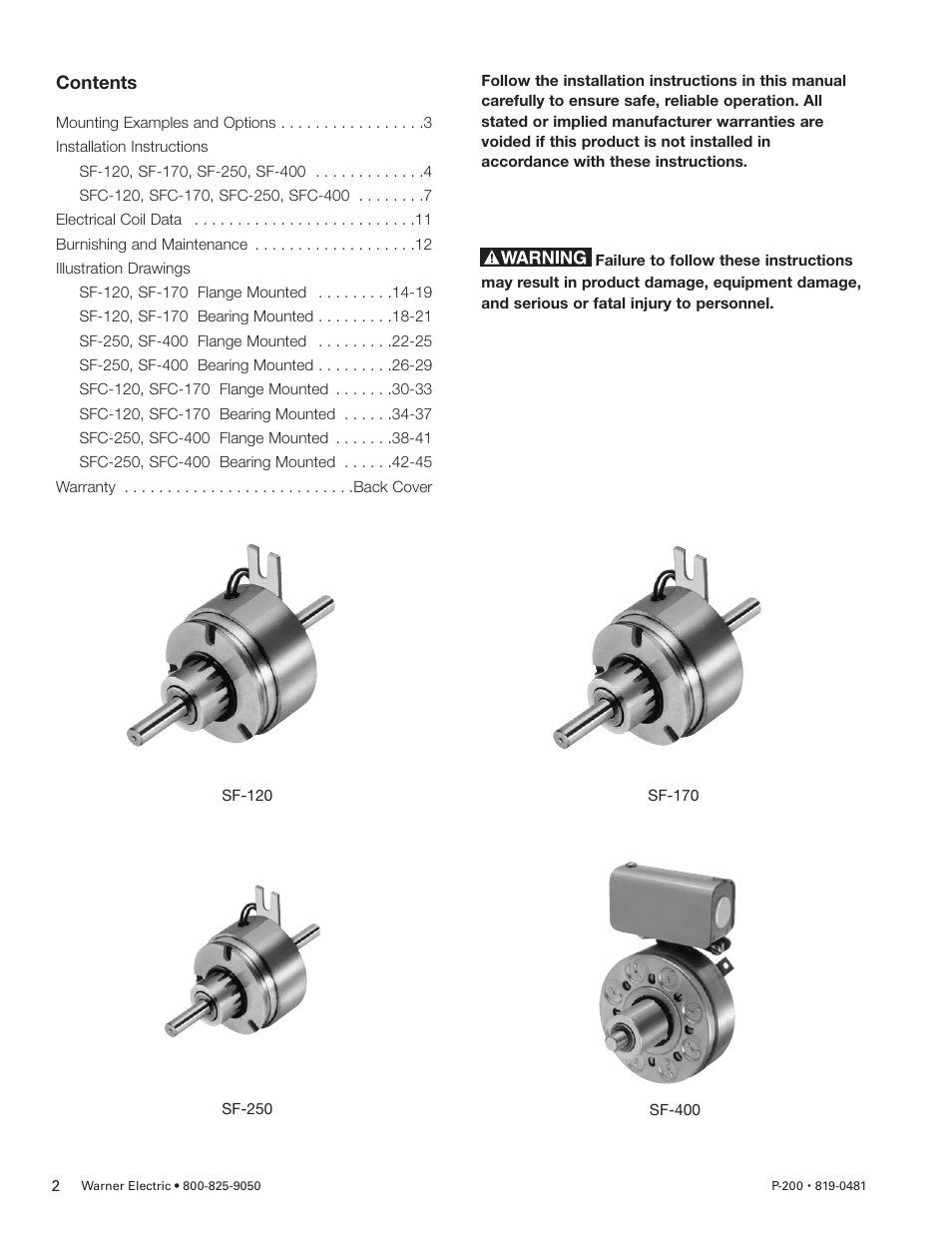 Warner Electric SFC-120, SFC-170, SFC-250, SFC-400 Bearing Mounted, Flange Mounted User Manual | Page 2 / 46