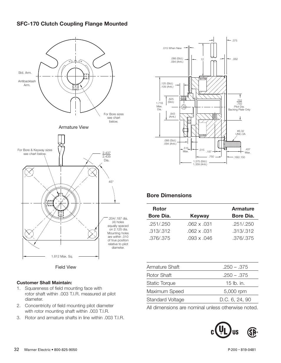 Sfc-170 clutch coupling flange mounted, Bore dimensions | Warner Electric SFC-120, SFC-170, SFC-250, SFC-400 Bearing Mounted, Flange Mounted User Manual | Page 32 / 46