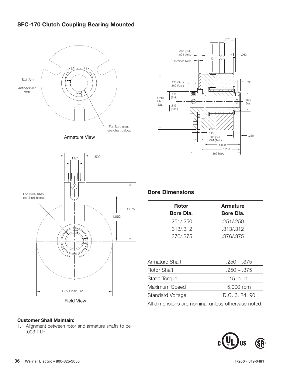 Sfc-170 clutch coupling bearing mounted, Bore dimensions | Warner Electric SFC-120, SFC-170, SFC-250, SFC-400 Bearing Mounted, Flange Mounted User Manual | Page 36 / 46