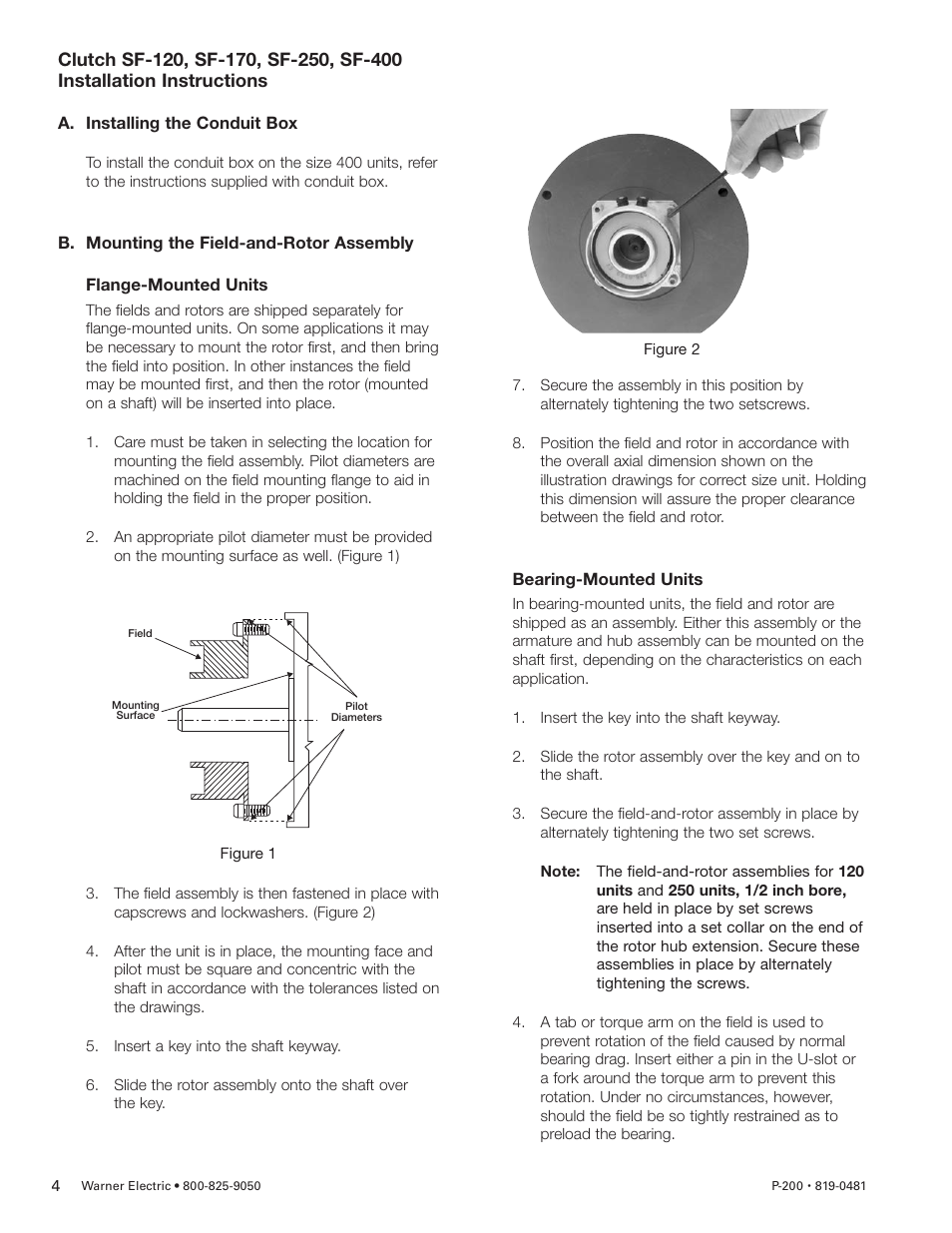 Warner Electric SFC-120, SFC-170, SFC-250, SFC-400 Bearing Mounted, Flange Mounted User Manual | Page 4 / 46