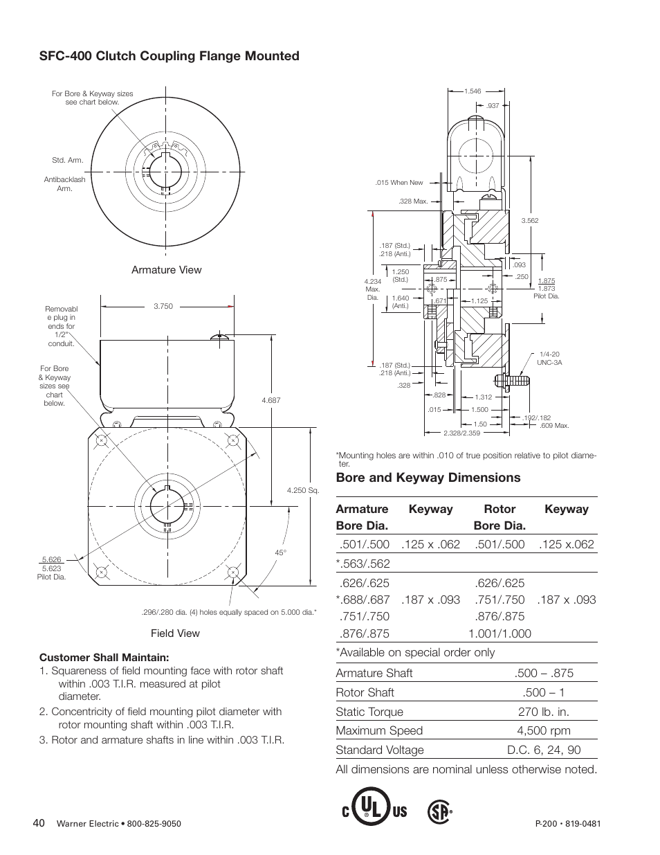 Sfc-400 clutch coupling flange mounted, Bore and keyway dimensions | Warner Electric SFC-120, SFC-170, SFC-250, SFC-400 Bearing Mounted, Flange Mounted User Manual | Page 40 / 46