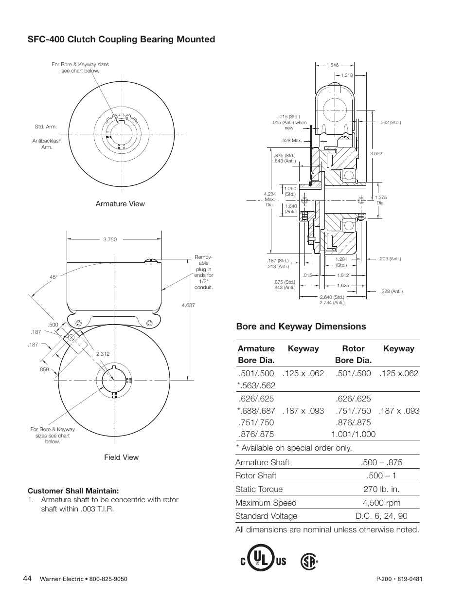 Sfc-400 clutch coupling bearing mounted, Bore and keyway dimensions | Warner Electric SFC-120, SFC-170, SFC-250, SFC-400 Bearing Mounted, Flange Mounted User Manual | Page 44 / 46