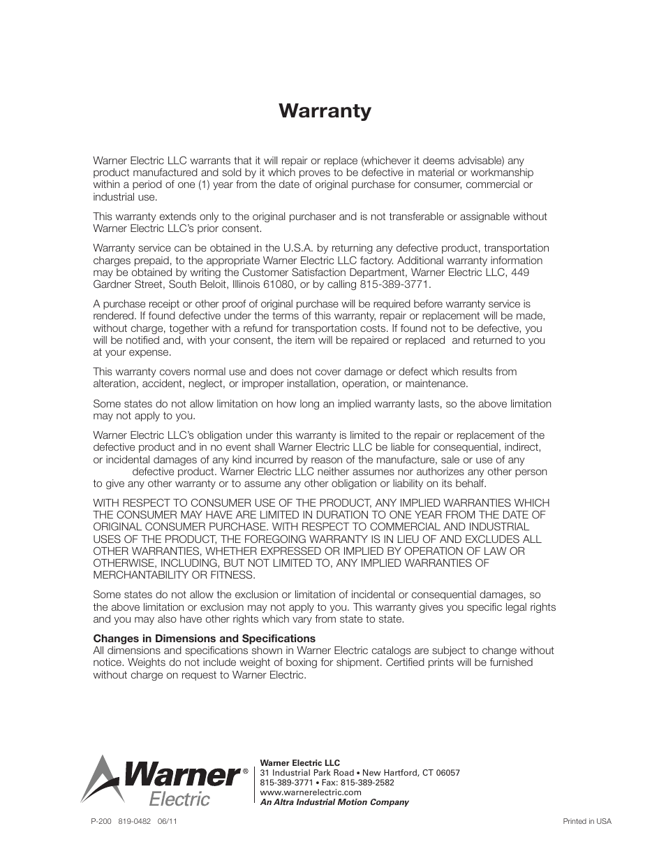 Warranty | Warner Electric SFC-120, SFC-170, SFC-250, SFC-400 Bearing Mounted, Flange Mounted User Manual | Page 46 / 46