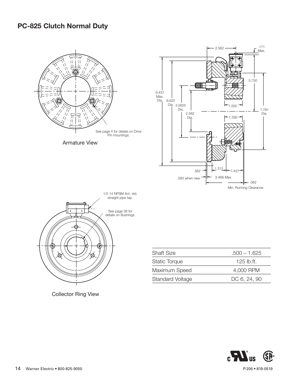 Pc-825 clutch normal duty | Warner Electric PCC-825, PCC-1000, PCC-1225, PCC-1525 User Manual | Page 14 / 42