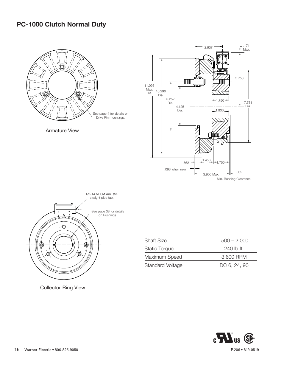 Pc-1000 clutch normal duty | Warner Electric PCC-825, PCC-1000, PCC-1225, PCC-1525 User Manual | Page 16 / 42