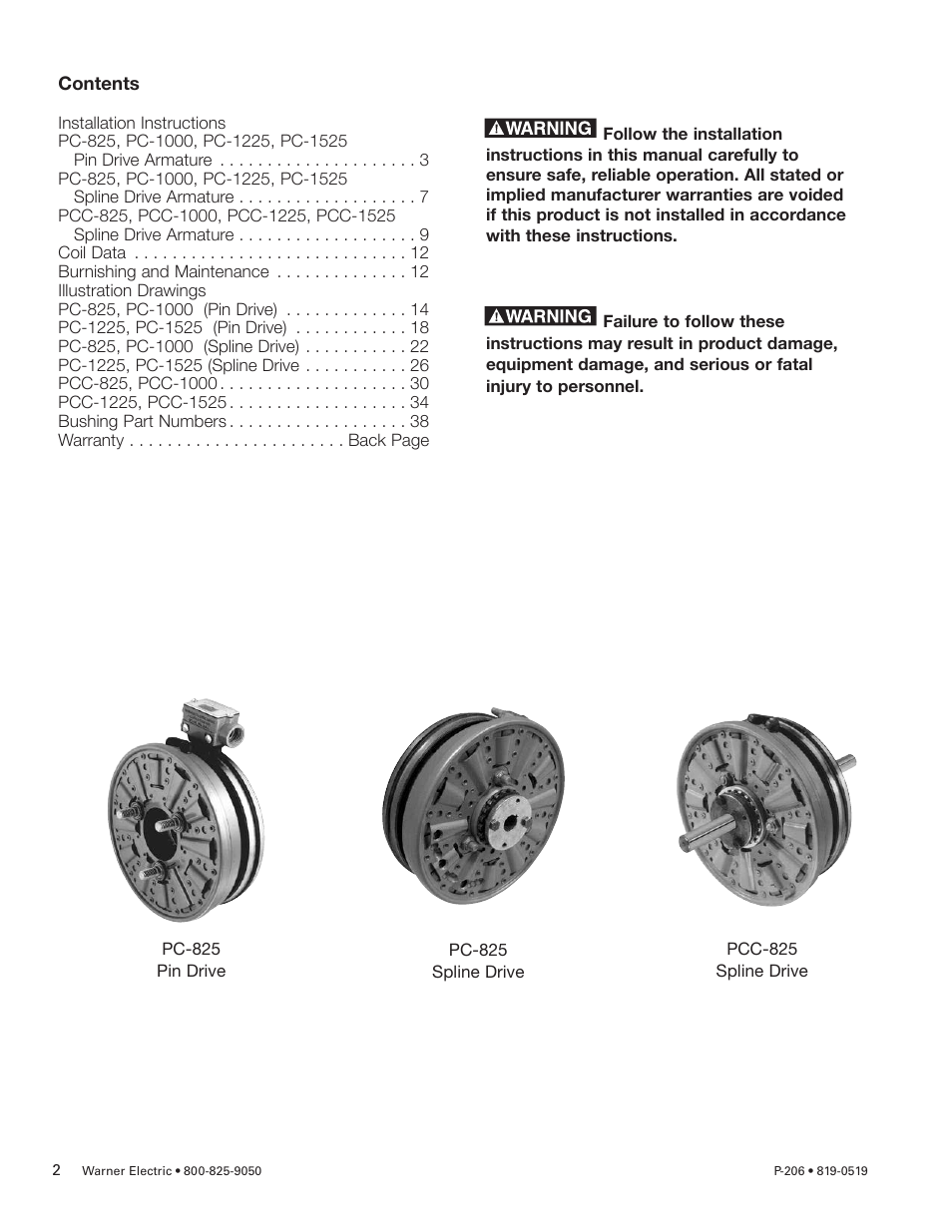 Warner Electric PCC-825, PCC-1000, PCC-1225, PCC-1525 User Manual | Page 2 / 42