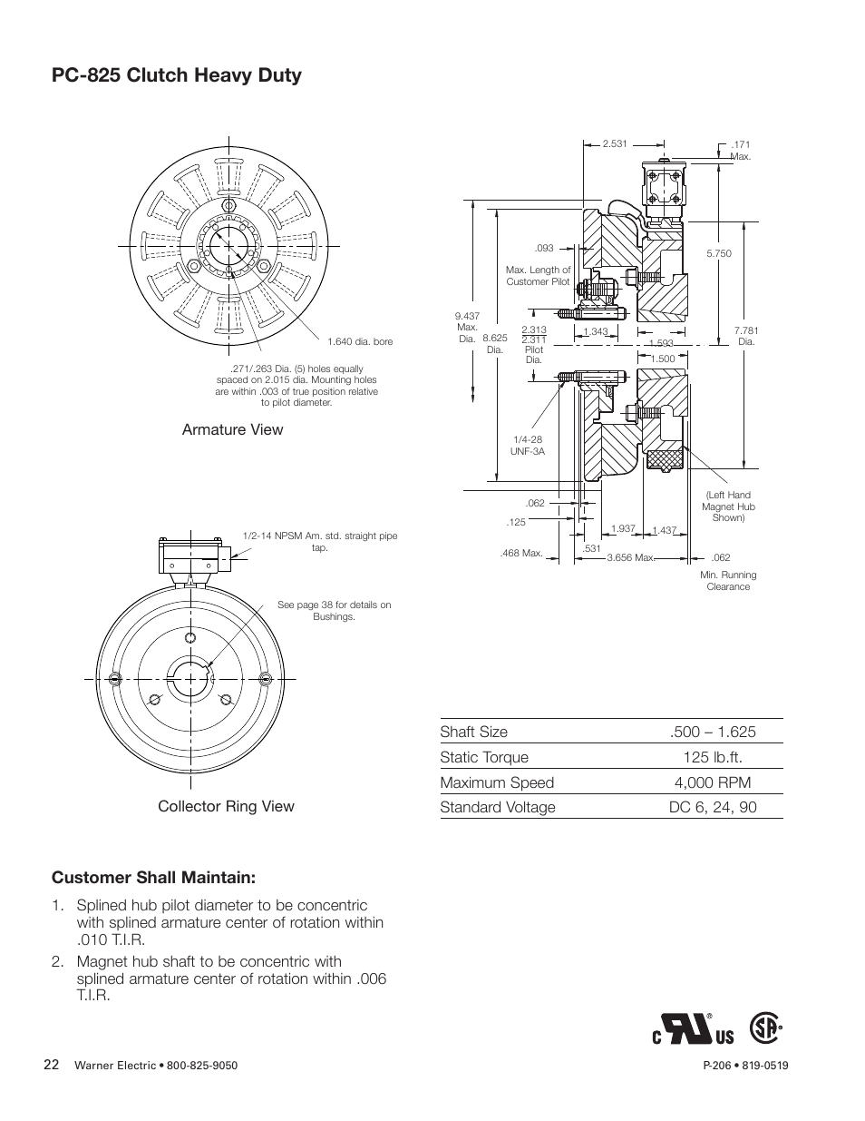 Pc-825 clutch heavy duty, Customer shall maintain | Warner Electric PCC-825, PCC-1000, PCC-1225, PCC-1525 User Manual | Page 22 / 42