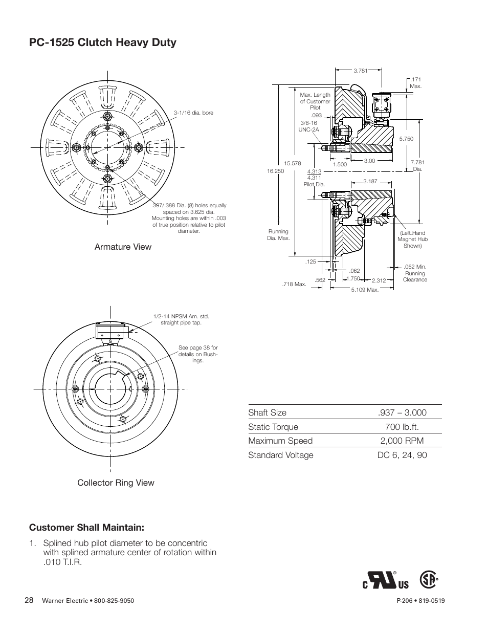 Pc-1525 clutch heavy duty, Customer shall maintain | Warner Electric PCC-825, PCC-1000, PCC-1225, PCC-1525 User Manual | Page 28 / 42