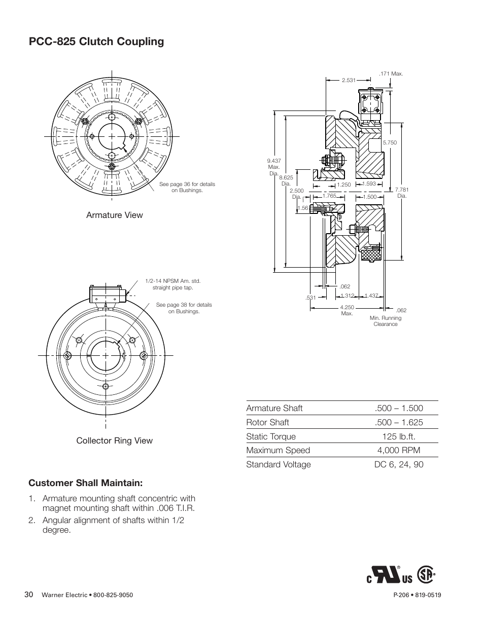 Pcc-825 clutch coupling, Customer shall maintain | Warner Electric PCC-825, PCC-1000, PCC-1225, PCC-1525 User Manual | Page 30 / 42