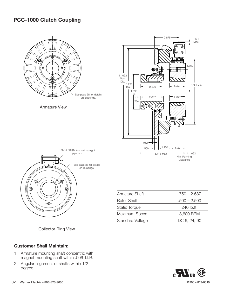 Pcc-1000 clutch coupling, Customer shall maintain | Warner Electric PCC-825, PCC-1000, PCC-1225, PCC-1525 User Manual | Page 32 / 42