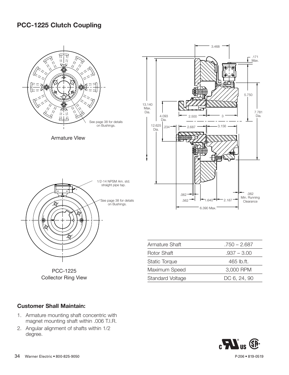 Pcc-1225 clutch coupling, Customer shall maintain | Warner Electric PCC-825, PCC-1000, PCC-1225, PCC-1525 User Manual | Page 34 / 42