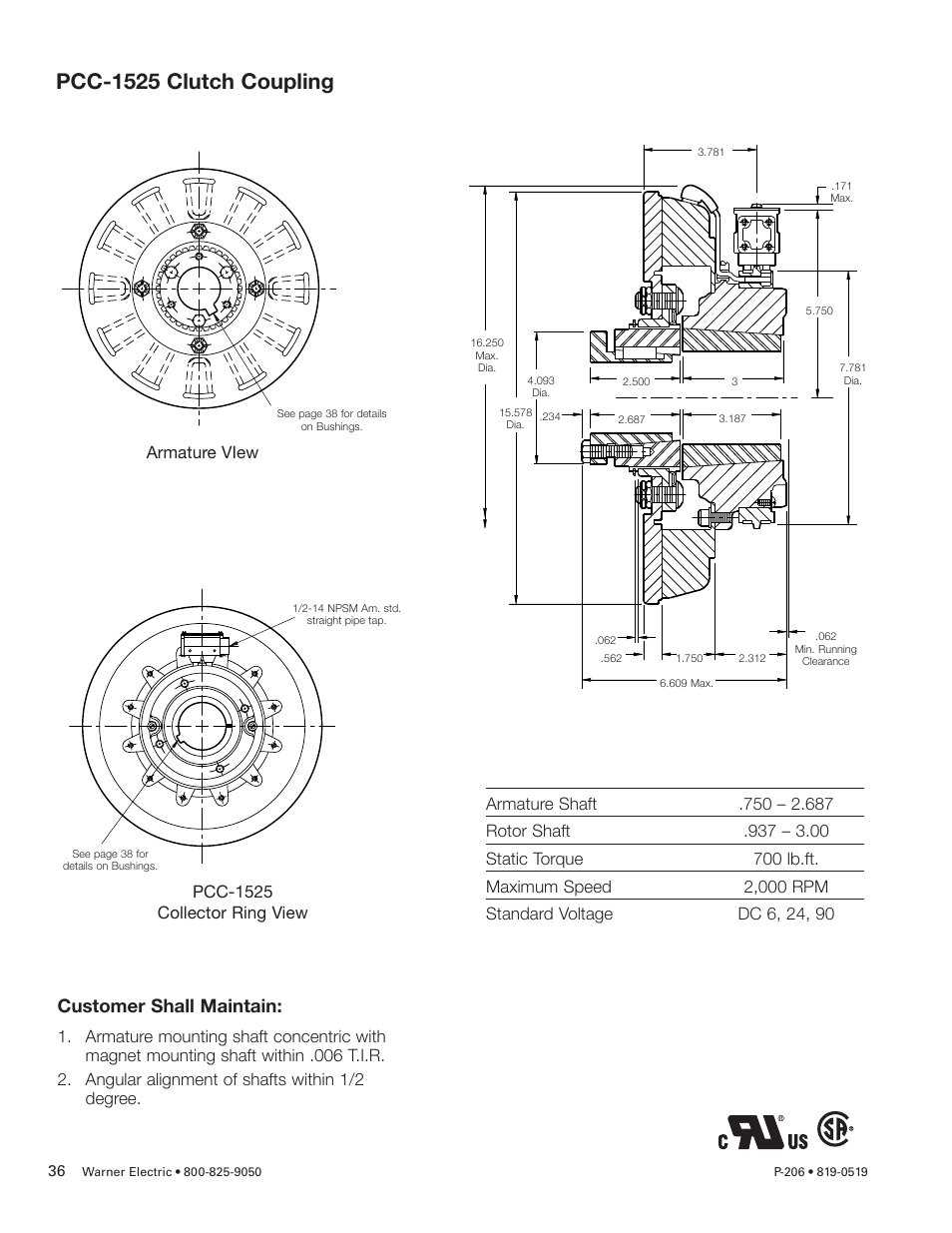 Pcc-1525 clutch coupling, Customer shall maintain, Armature view | Warner Electric PCC-825, PCC-1000, PCC-1225, PCC-1525 User Manual | Page 36 / 42