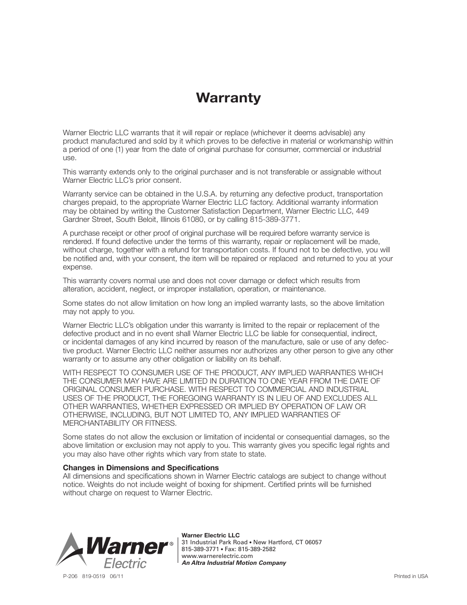 Warranty | Warner Electric PCC-825, PCC-1000, PCC-1225, PCC-1525 User Manual | Page 42 / 42