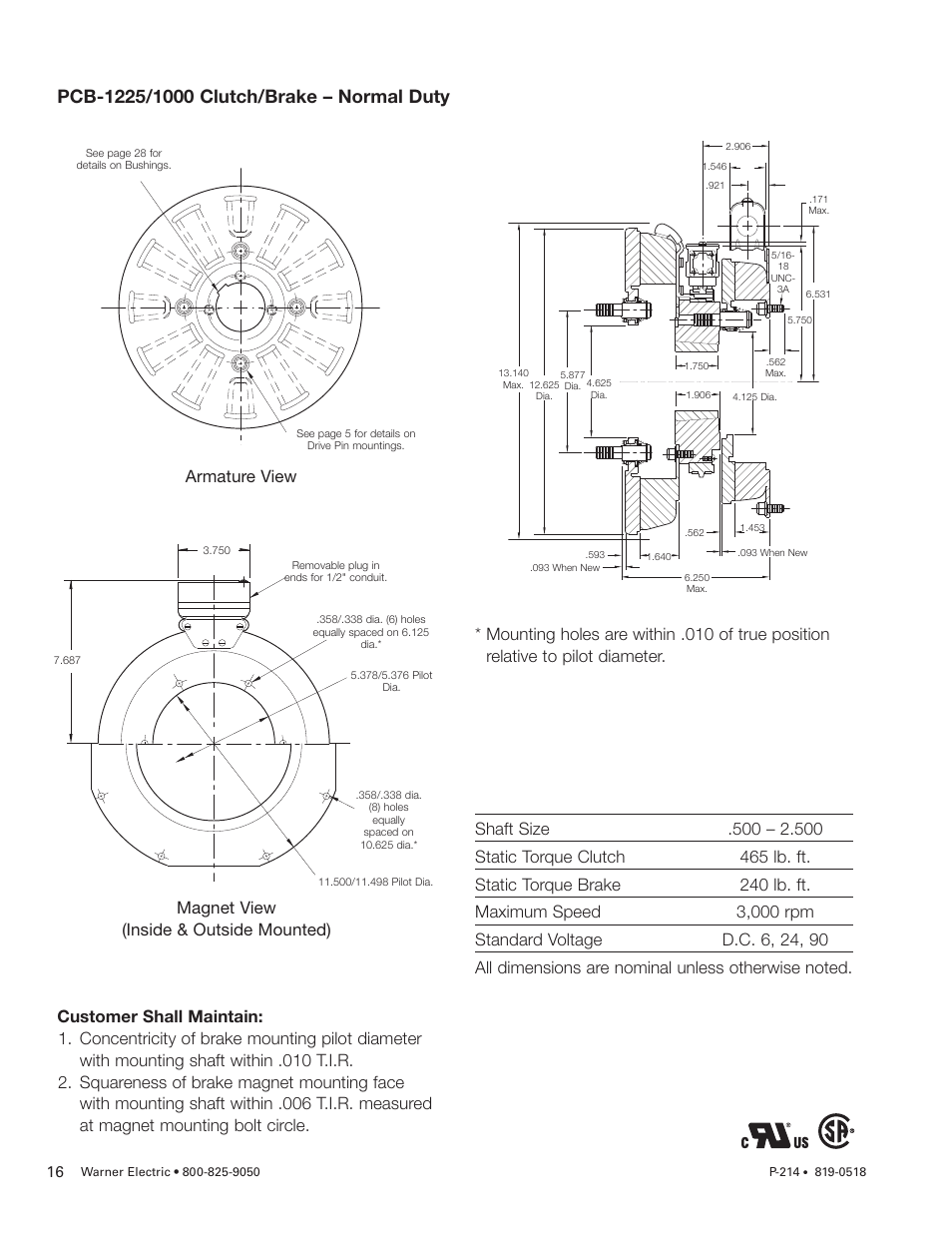 Magnet view (inside & outside mounted), Armature view | Warner Electric PCBC-1525_1225 User Manual | Page 16 / 30