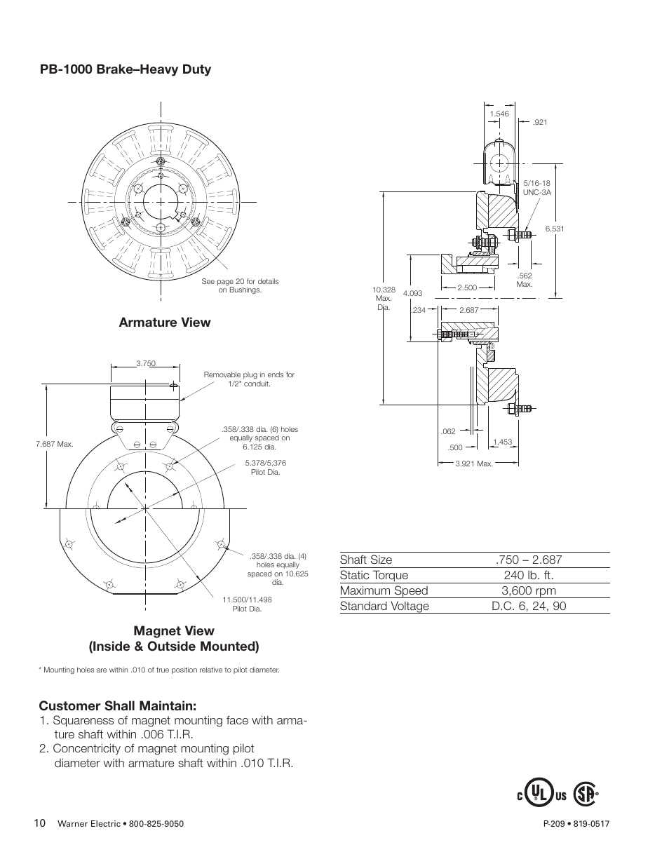 Pb-1000 brake–heavy duty, Customer shall maintain | Warner Electric PB-1525 User Manual | Page 10 / 18