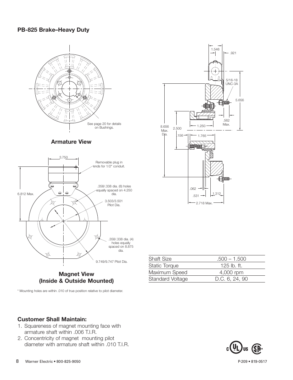 Pb-825 brake–heavy duty, Armature view customer shall maintain, Magnet view (inside & outside mounted) | Warner Electric PB-1525 User Manual | Page 8 / 18