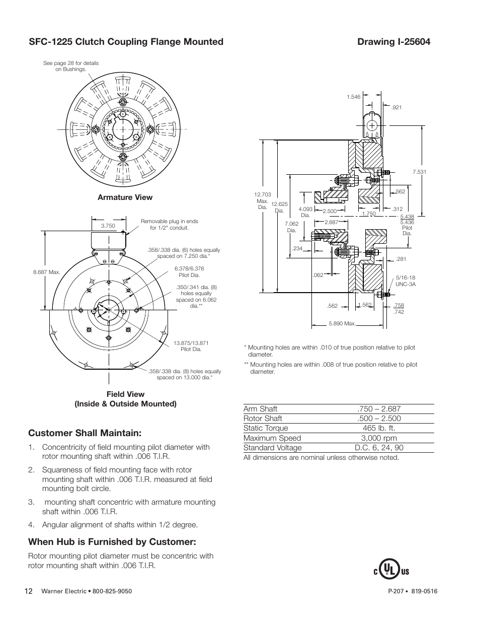 Customer shall maintain, When hub is furnished by customer | Warner Electric SFC-1525 User Manual | Page 12 / 32