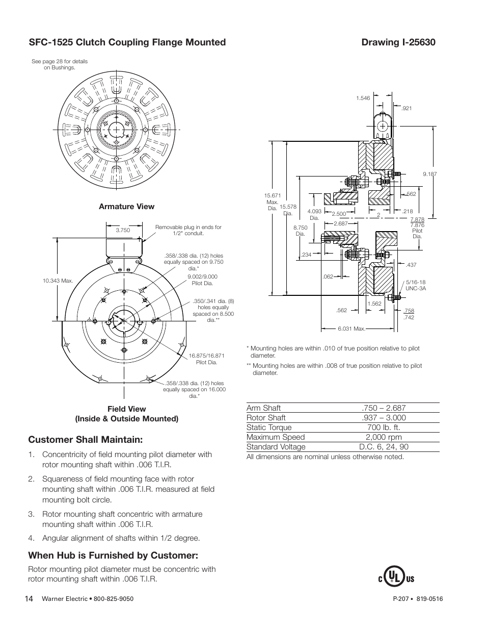 Customer shall maintain, When hub is furnished by customer | Warner Electric SFC-1525 User Manual | Page 14 / 32
