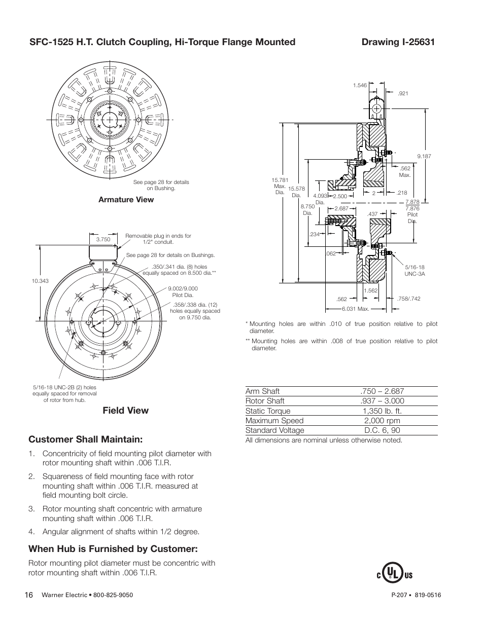 Field view, Customer shall maintain, When hub is furnished by customer | Warner Electric SFC-1525 User Manual | Page 16 / 32