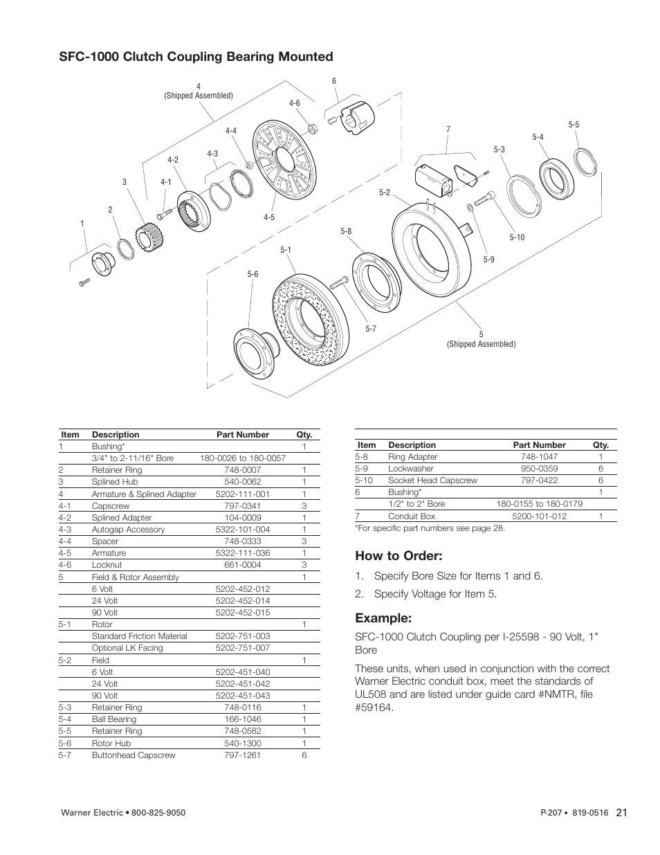 Sfc-1000 clutch coupling bearing mounted, How to order, Example | Warner Electric SFC-1525 User Manual | Page 21 / 32
