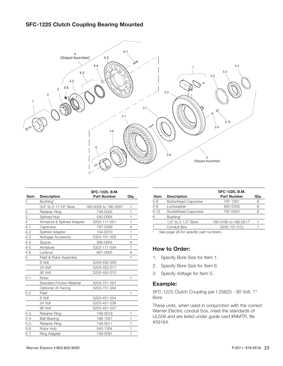 Sfc-1225 clutch coupling bearing mounted, How to order, Example | Warner Electric SFC-1525 User Manual | Page 23 / 32