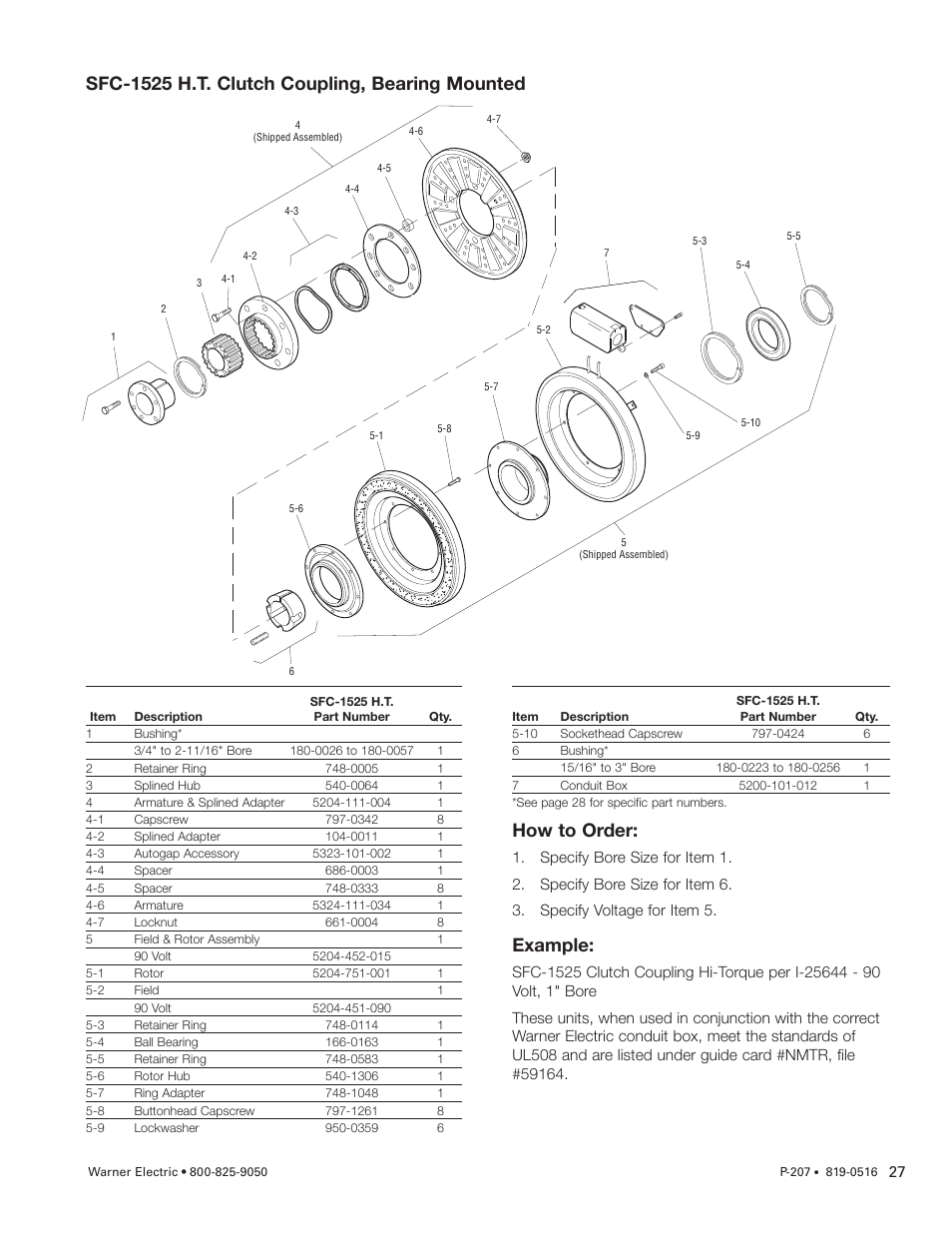 Sfc-1525 h.t. clutch coupling, bearing mounted, How to order, Example | Warner Electric SFC-1525 User Manual | Page 27 / 32