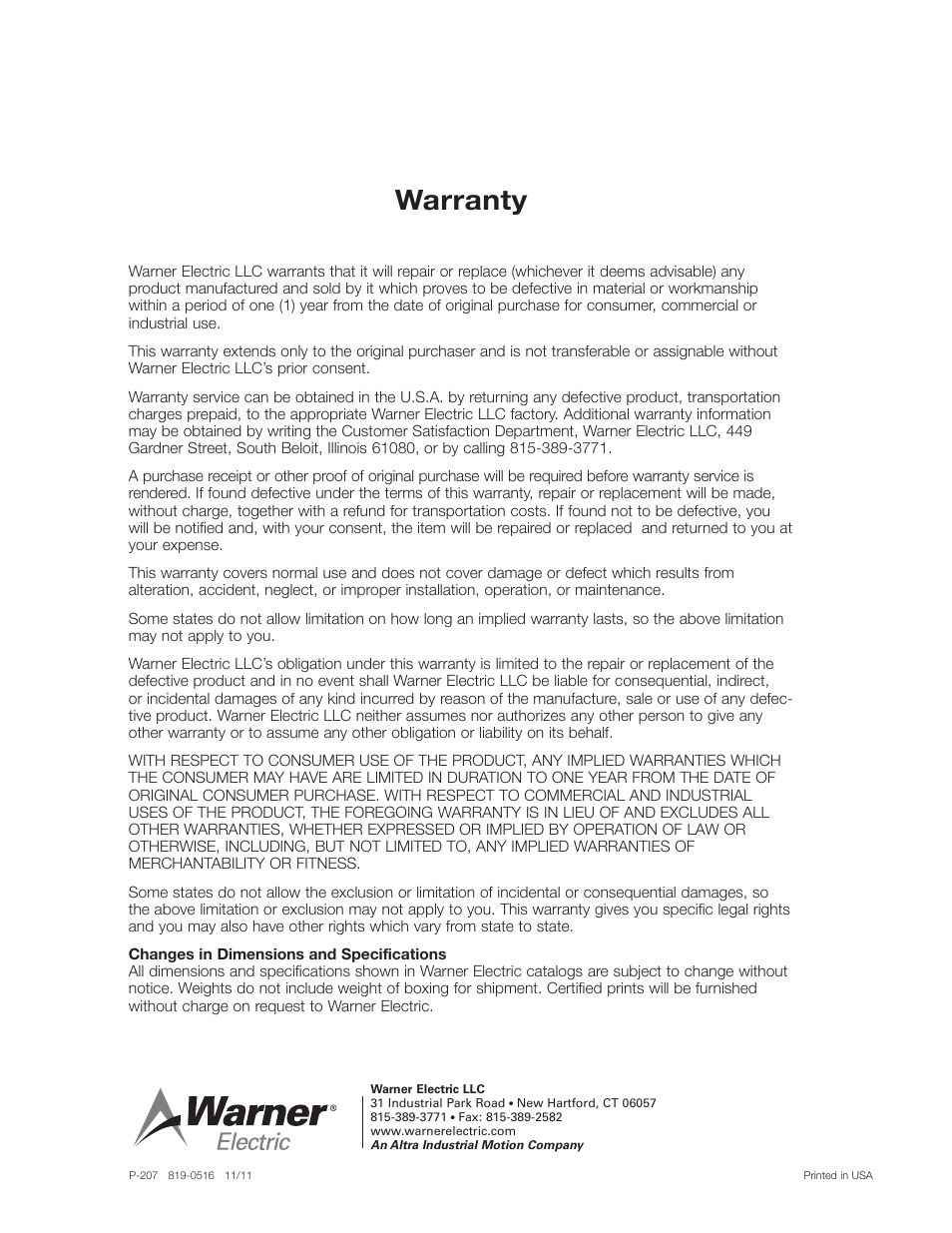 Warranty | Warner Electric SFC-1525 User Manual | Page 32 / 32