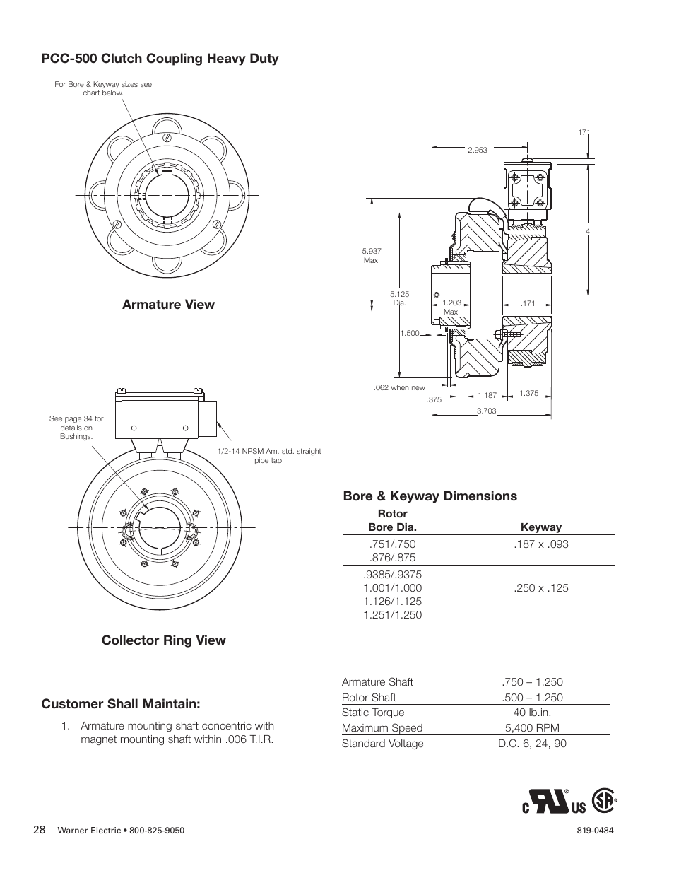 Pcc-500 clutch coupling heavy duty, Bore & keyway dimensions, Customer shall maintain | Collector ring view armature view | Warner Electric PCBC-500 Clutch_Brake Coupling User Manual | Page 28 / 35