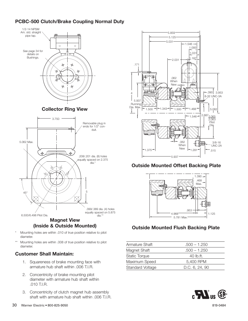 Pcbc-500 clutch/brake coupling normal duty, Customer shall maintain, Outside mounted offset backing plate | Outside mounted flush backing plate, Magnet view (inside & outside mounted), Collector ring view | Warner Electric PCBC-500 Clutch_Brake Coupling User Manual | Page 30 / 35