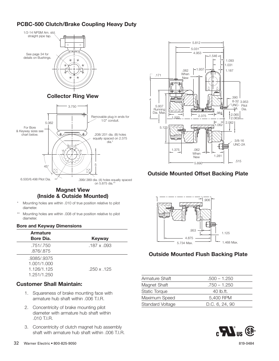 Pcbc-500 clutch/brake coupling heavy duty, Outside mounted offset backing plate, Magnet view (inside & outside mounted) | Collector ring view | Warner Electric PCBC-500 Clutch_Brake Coupling User Manual | Page 32 / 35