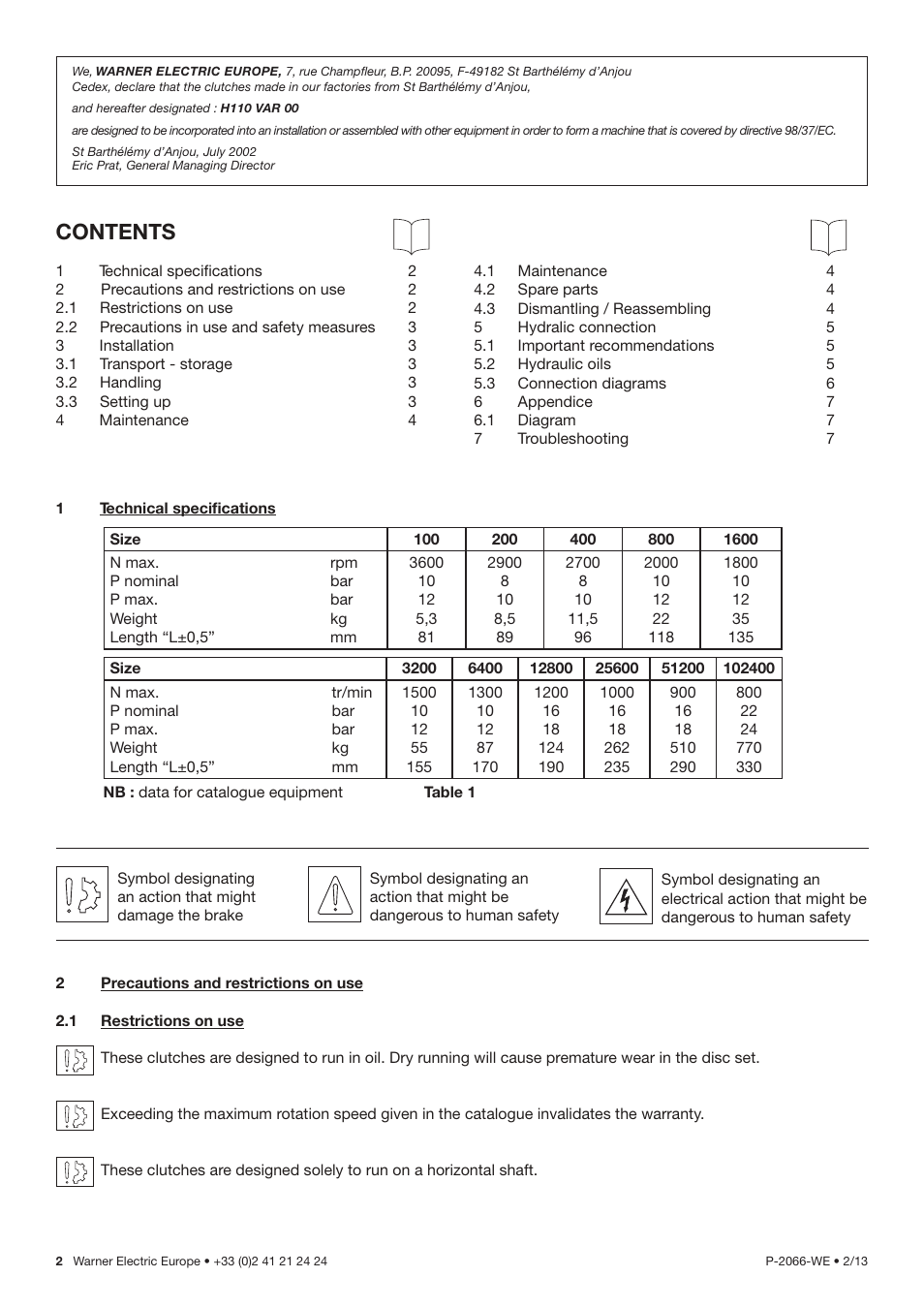 Warner Electric H 110 VAR00 User Manual | Page 2 / 8