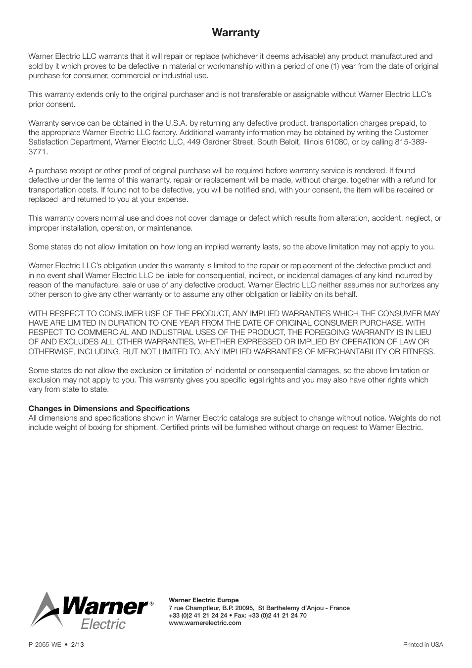 Warranty | Warner Electric FC-G-C410 User Manual | Page 8 / 8
