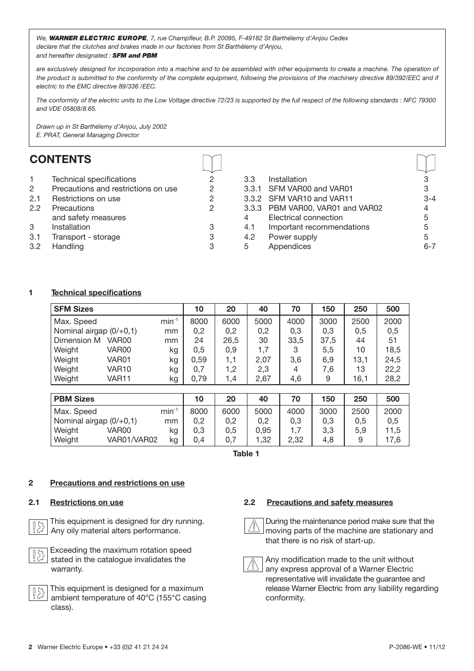 Warner Electric SFM and Brakes PBM Electro-Magnetic Single Disc User Manual | Page 2 / 8