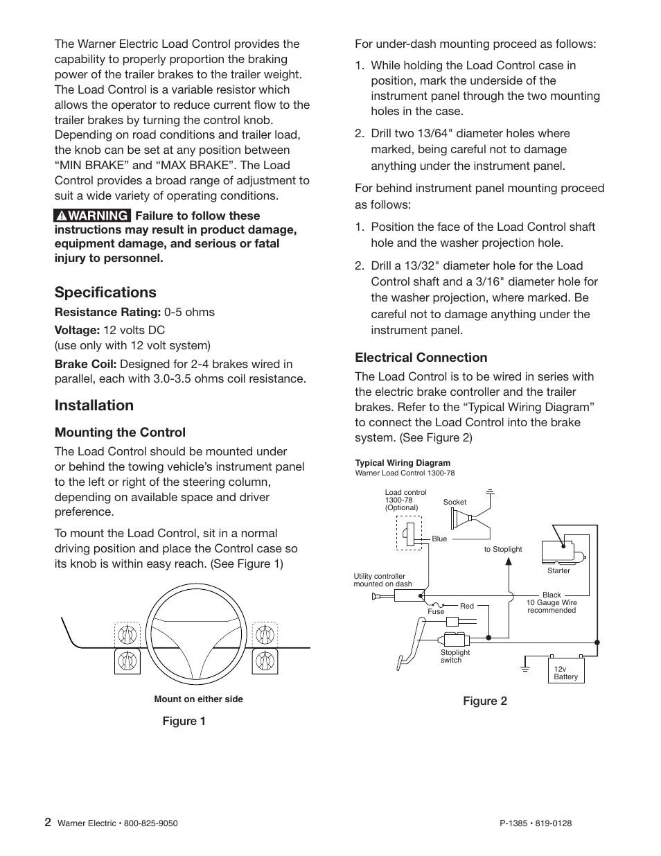 Specifications, Installation, Mounting the control | Electrical connection | Warner Electric 1300-78 12 Volt Load Control User Manual | Page 2 / 4