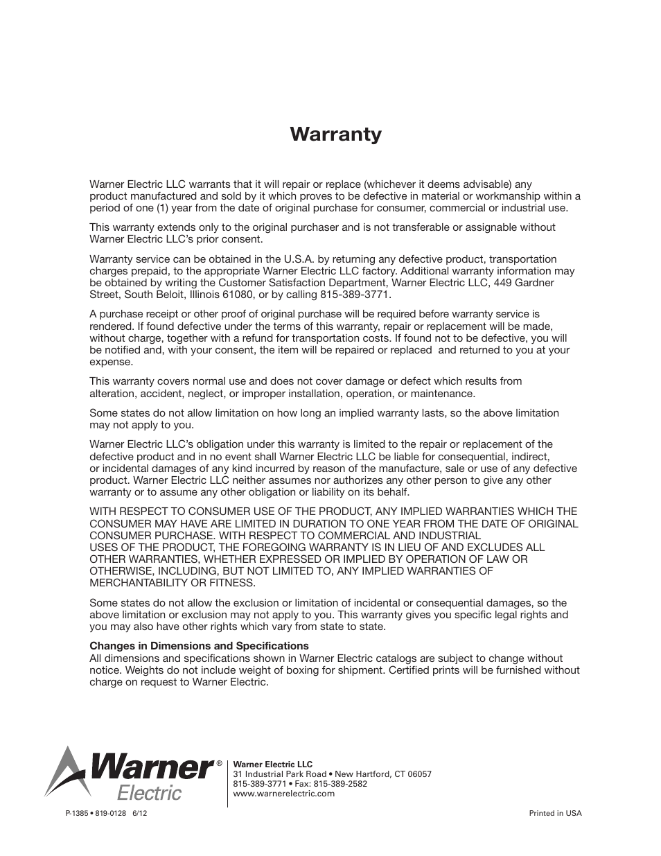 Warranty | Warner Electric 1300-78 12 Volt Load Control User Manual | Page 4 / 4