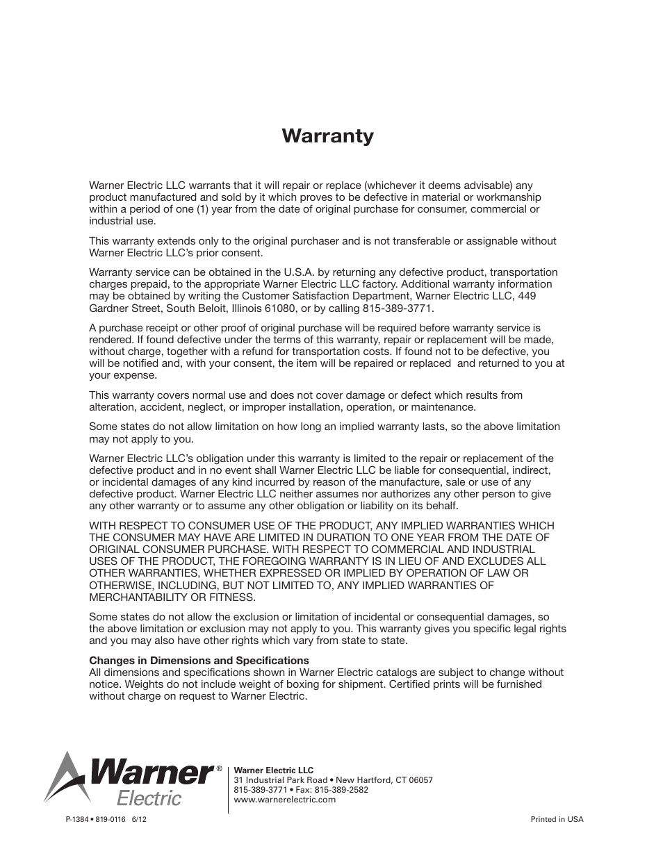 Warranty | Warner Electric 1305-2 Brake, Complete Pair 16-1_2 x 5 Shoe Brake User Manual | Page 6 / 6