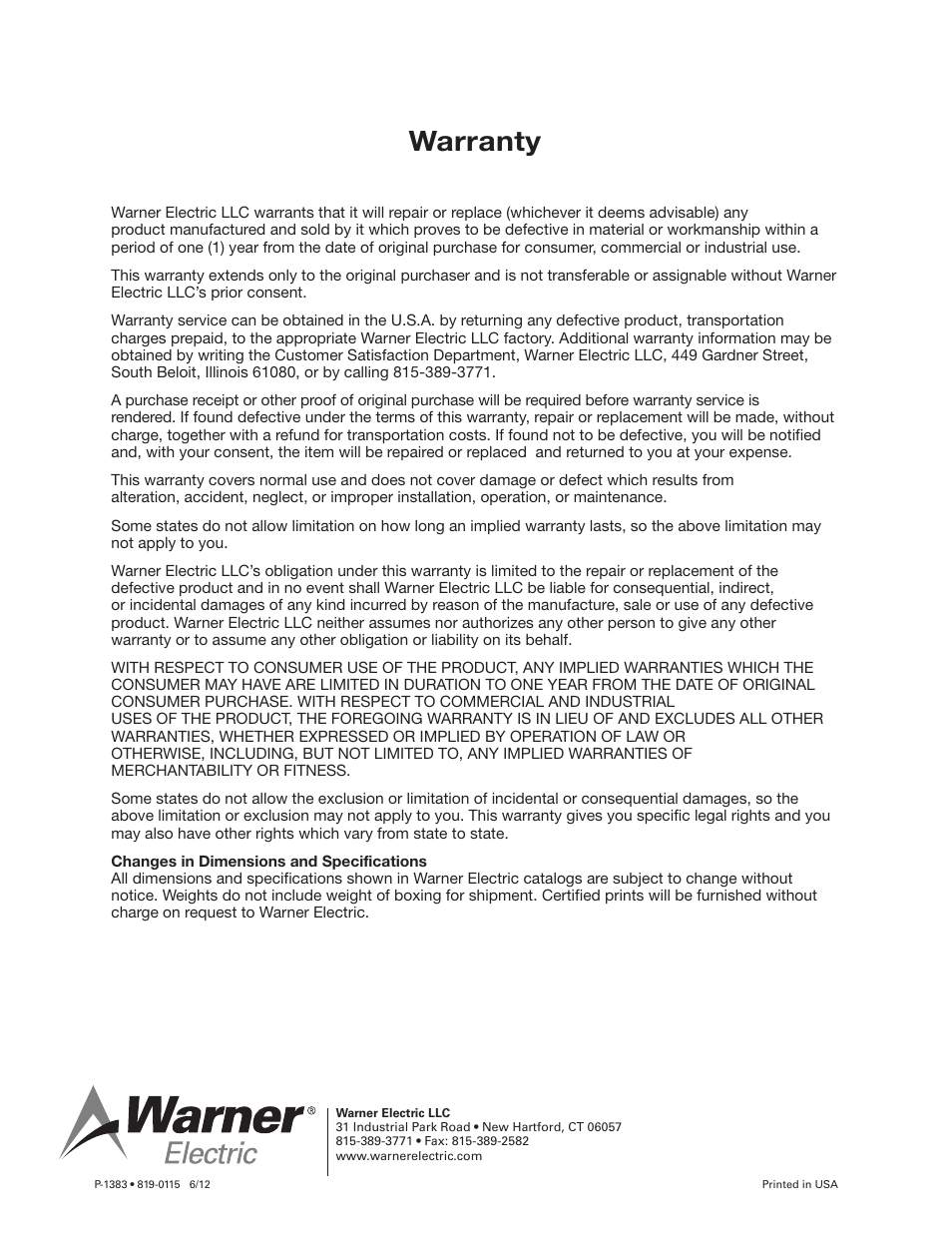 Warranty | Warner Electric Utility Safety Breakaway Switch User Manual | Page 2 / 2