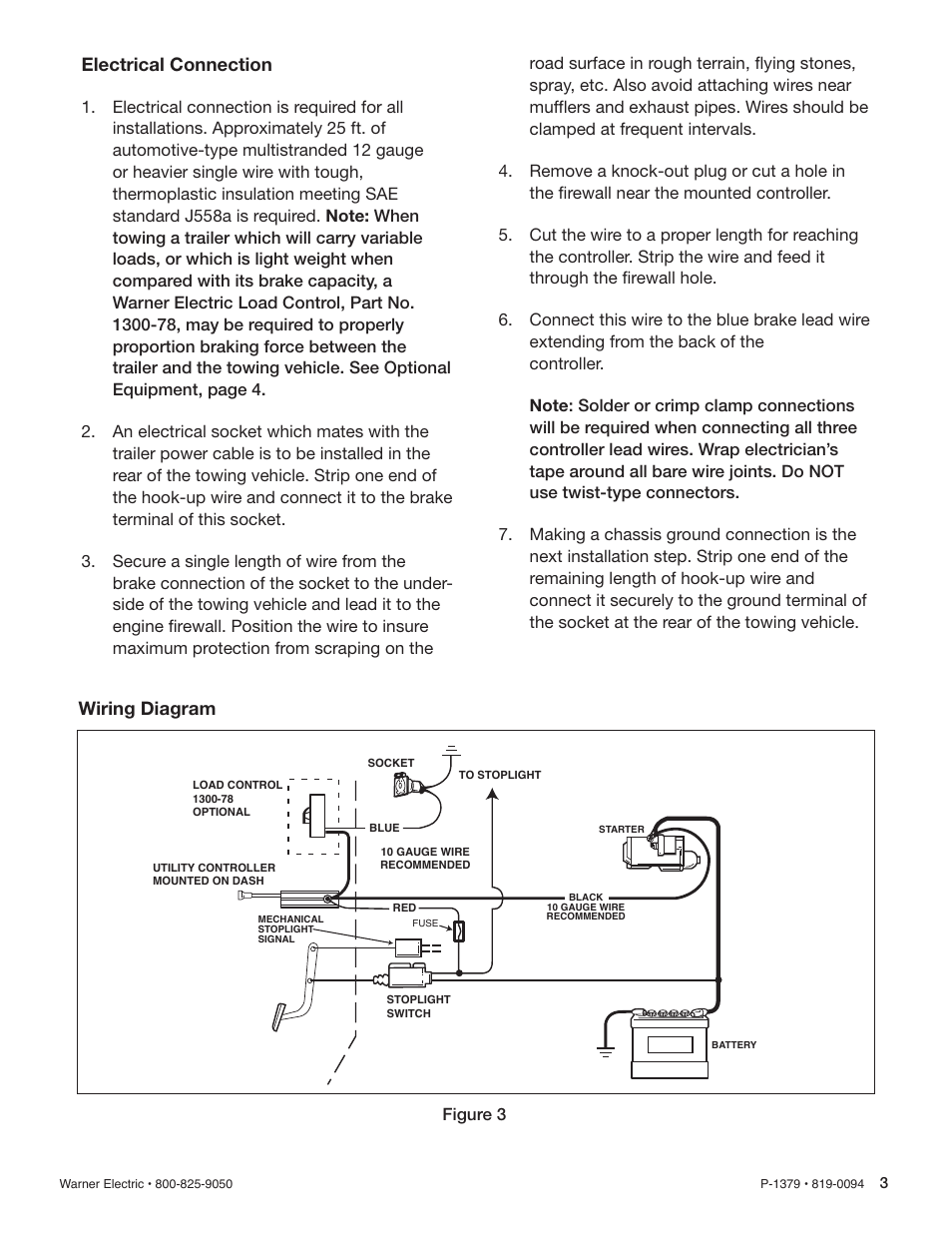 Electrical connection, Wiring diagram | Warner Electric 1300-77 12 Volt Utility Controller for 4, 6 or 8 User Manual | Page 3 / 6
