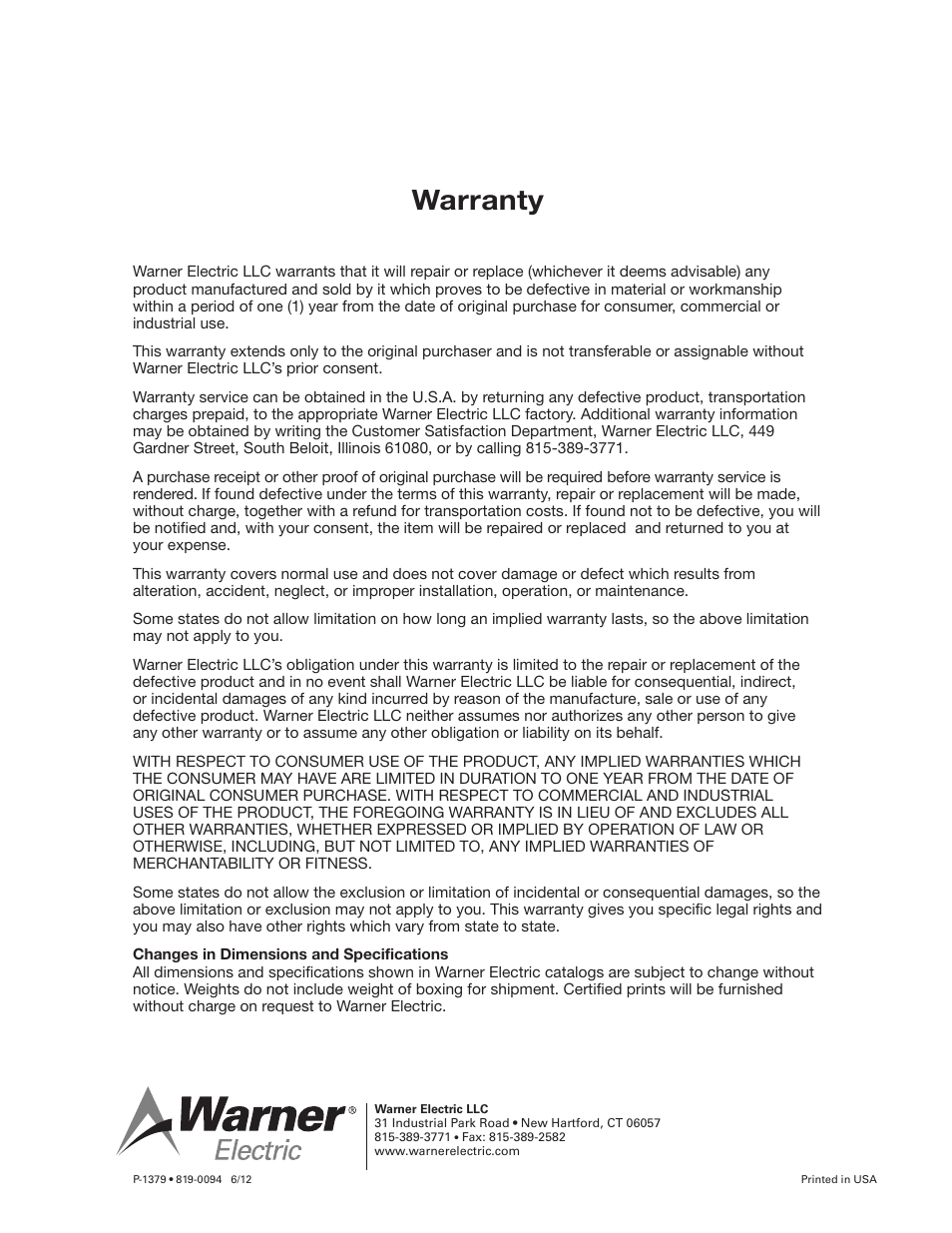 Warranty | Warner Electric 1300-77 12 Volt Utility Controller for 4, 6 or 8 User Manual | Page 6 / 6