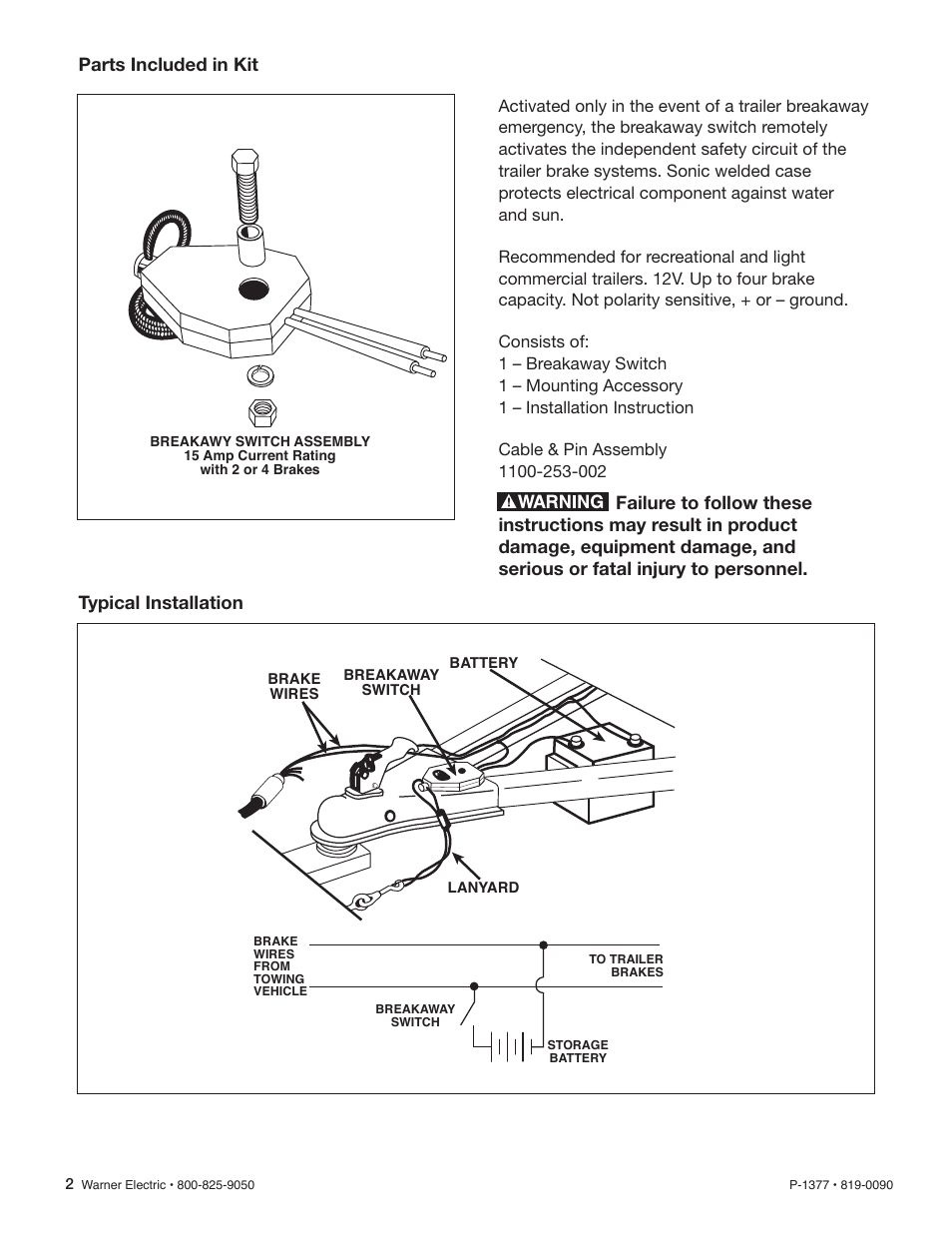 Parts included in kit, Typical installation | Warner Electric 1100-42 Safety Breakaway Switch User Manual | Page 2 / 4