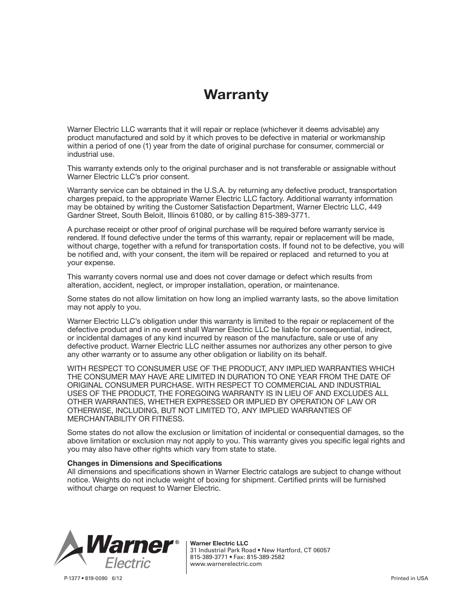 Warranty | Warner Electric 1100-42 Safety Breakaway Switch User Manual | Page 4 / 4