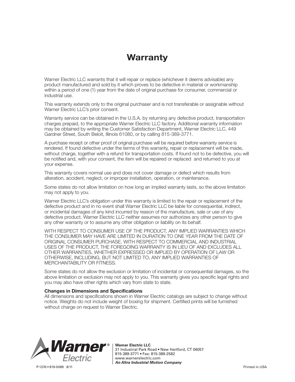 Warranty | Warner Electric 1100-41 Electric Brake System User Manual | Page 4 / 4